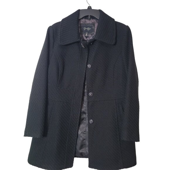 Jessica Simpson Black Faux Fur Collar Textured Womens Coat L - Picture 8 of 16